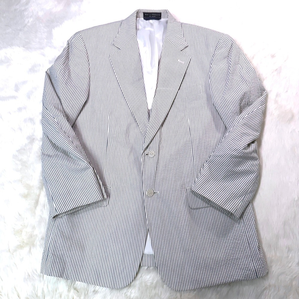 Haspel Seersucker Blazer Mens 40 Short Blue White Striped Cotton Sport Coat